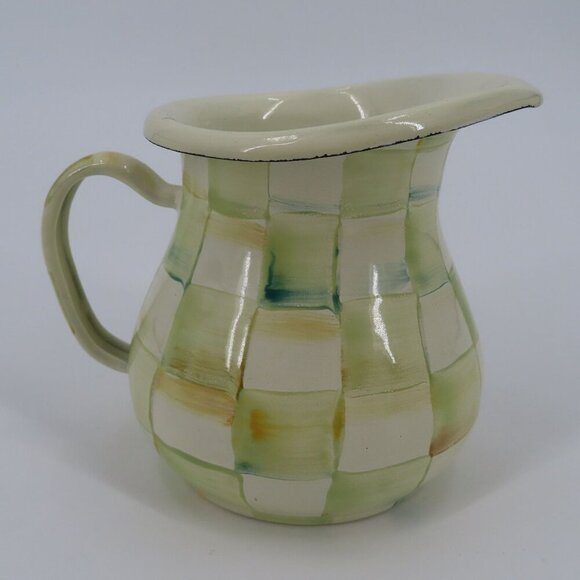 Mackenzie Childs Parchment Check Creamer Enamel Coffee Barware Checkered Used - Picture 3 of 9